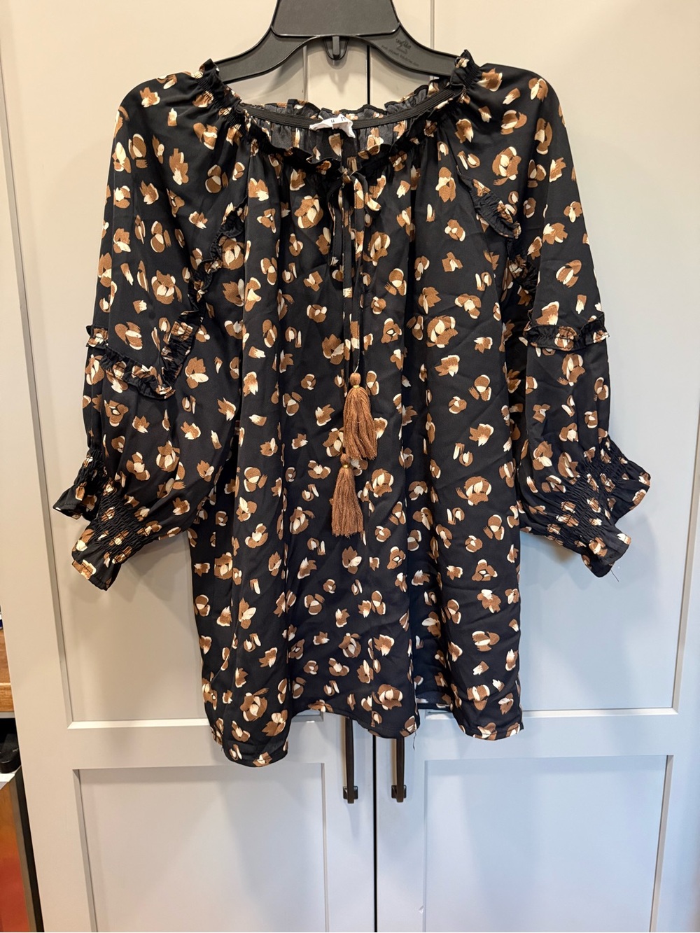 THML Black Floral Peasant Tunic with Brown Tassels